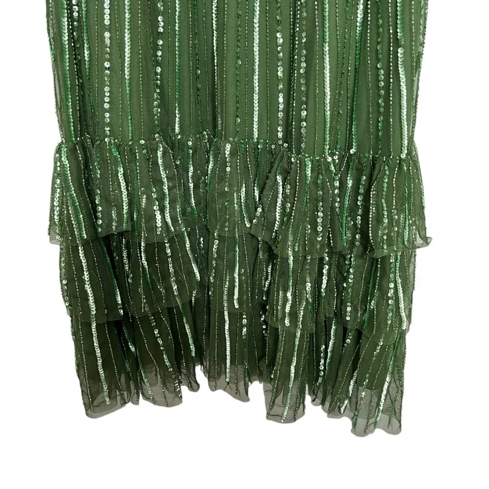 Mac Duggal Sequined Wrap Over Cap Sleeve Ruffle Hem Dress Sage Size 6 NEW - Picture 12 of 15